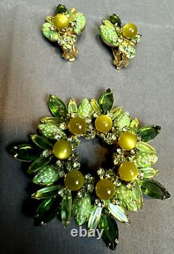 Vtg Green Art Glass Rhinestones Flower Brooch Pin & Clip Earrings Set STUNNING