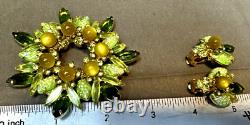 Vtg Green Art Glass Rhinestones Flower Brooch Pin & Clip Earrings Set STUNNING