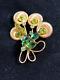 Vtg Hippy Mod MCM Navette Green Rhinestone goldtone Brooch Pin floral Spray