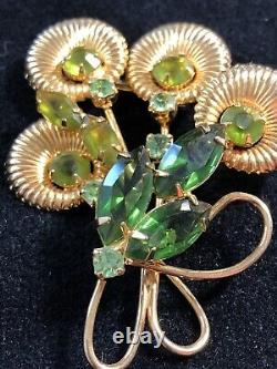 Vtg Hippy Mod MCM Navette Green Rhinestone goldtone Brooch Pin floral Spray