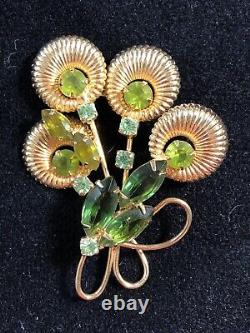 Vtg Hippy Mod MCM Navette Green Rhinestone goldtone Brooch Pin floral Spray