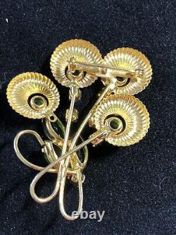 Vtg Hippy Mod MCM Navette Green Rhinestone goldtone Brooch Pin floral Spray