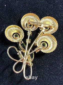 Vtg Hippy Mod MCM Navette Green Rhinestone goldtone Brooch Pin floral Spray