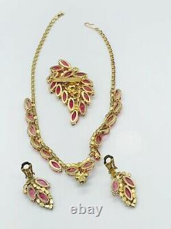 Vtg JULIANA Hot Pink AB Rhinestones Pin Brooch Earrings Necklace Set W Box