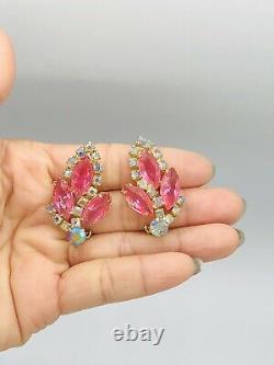 Vtg JULIANA Hot Pink AB Rhinestones Pin Brooch Earrings Necklace Set W Box