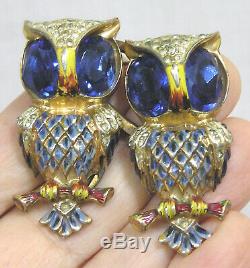 Vtg Jewelry CORO DUETTE OWLS Sterling Silver Brooch Fur Clip Enamel Rhinestones