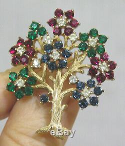 Vtg Jewelry Crown Trifari Tree of Life Brooch Emerald Green Red Blue Rhinestones