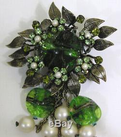 Vtg Jewelry SCHIAPARELLI Brooch Dangles Rhinestones Green Glass Flowers Leaves