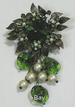 Vtg Jewelry SCHIAPARELLI Brooch Dangles Rhinestones Green Glass Flowers Leaves