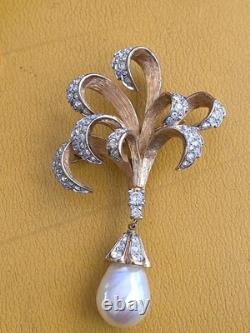 Vtg Jomaz Pearls Diamond Paste White Rhinestone Gold Tone Leaf Brooch Pin Signed