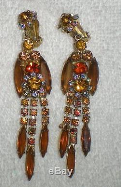 Vtg Juliana Brown Topaz Rhinestone Dangle Necklace, Brooch, 2 Earrings Parure