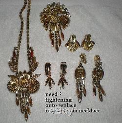 Vtg Juliana Brown Topaz Rhinestone Dangle Necklace, Brooch, 2 Earrings Parure