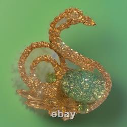 Vtg Juliana D&E Citrine Green Speckled Glass Rhinestone Swan Figural Brooch