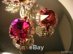 Vtg Juliana D&E Fuschia Pink Ruby Red AB Rhinestone Brooch Earring Set