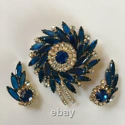 Vtg Juliana D&E Starburst Brooch Earrings Blue Navette AB Rhinestone Demi Parure