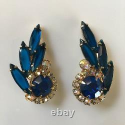 Vtg Juliana D&E Starburst Brooch Earrings Blue Navette AB Rhinestone Demi Parure