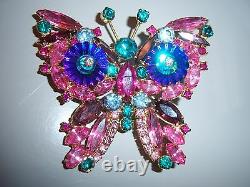 Vtg Juliana D&e Magenta Pink Blue Rivoli Rhinestone Butterfly Figural Brooch