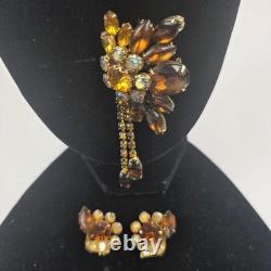 Vtg Juliana Delizza Elster Dangle Rootbeer Brooch Earring set 60s 70s Rhinstones