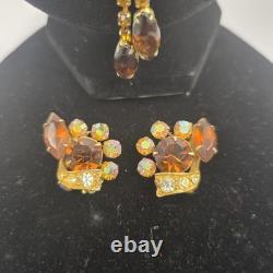 Vtg Juliana Delizza Elster Dangle Rootbeer Brooch Earring set 60s 70s Rhinstones