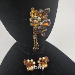 Vtg Juliana Delizza Elster Dangle Rootbeer Brooch Earring set 60s 70s Rhinstones