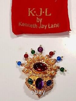 Vtg Kenneth J Lane Broach KJL Mogul Jewels India Multi Color Cabochon Pearl Pin