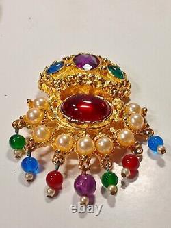 Vtg Kenneth J Lane Broach KJL Mogul Jewels India Multi Color Cabochon Pearl Pin