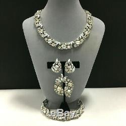 Vtg LISNER Rhinestone Necklace Bracelet Brooch Earring Parure SET Mint! AA108z