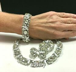 Vtg LISNER Rhinestone Necklace Bracelet Brooch Earring Parure SET Mint! AA108z