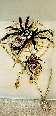 Vtg LUNCH AT THE RITZ Said the Spider Pin Rhinestones HUGE Dangle Pin Brooch