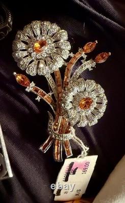 Vtg Landau Orange Clear Rhinestone Floral Brooch Pin Silver Tone NWT $169