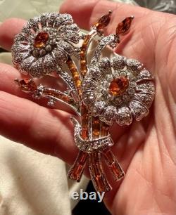 Vtg Landau Orange Clear Rhinestone Floral Brooch Pin Silver Tone NWT $169