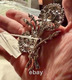 Vtg Landau Orange Clear Rhinestone Floral Brooch Pin Silver Tone NWT $169