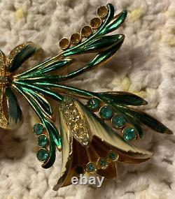 Vtg Large 1940s Floral Gold Washed Turquoise and Clear Rhinestone Brooch Pin See
