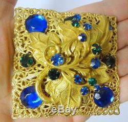 Vtg Mark Miriam Haskell Haute Couture Huge Blue Rhinestone Gold Brooch Pin RARE