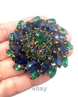 Vtg Marked VENDOME Mix Blue Green Glass Rhinestone Flower Round Brooch Pin