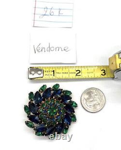 Vtg Marked VENDOME Mix Blue Green Glass Rhinestone Flower Round Brooch Pin