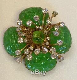 Vtg Miriam Haskell Signed Brooch & Earrings Apple Green Art Glass withRhinestones