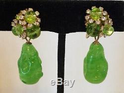 Vtg Miriam Haskell Signed Brooch & Earrings Apple Green Art Glass withRhinestones