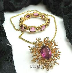 Vtg PANETTA Signed Purple Glass Rhinestone Pendant Necklace Brooch Bracelet SET