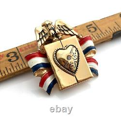 Vtg PATRIOTIC Sweetheart Photo Locket Fur Clip, 1940s Coro Style Eagle Brooch