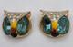 Vtg Pair of Small Goldtone Enameled Rhinestone Owl Head Brooches