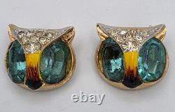 Vtg Pair of Small Goldtone Enameled Rhinestone Owl Head Brooches