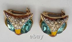 Vtg Pair of Small Goldtone Enameled Rhinestone Owl Head Brooches