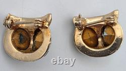 Vtg Pair of Small Goldtone Enameled Rhinestone Owl Head Brooches