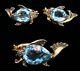 Vtg REJA STERLING Rhinestone Aqua Belly FISH Figural Brooch Pin Earrings SET