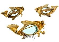 Vtg REJA STERLING Rhinestone Aqua Belly FISH Figural Brooch Pin Earrings SET