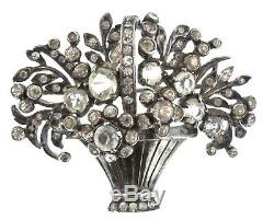 Vtg Ralph DEROSA Sterling Rhinestone Flower Basket Figural Pin Brooch