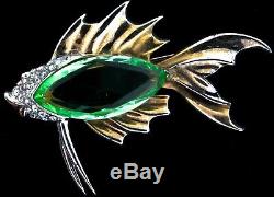 Vtg Rare MARCEL BOUCHER Rhinestone Peridot Glass Betta FISH Figural Brooch Pin