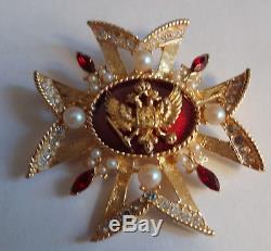 Vtg Russian Maltese Cross Rhinestone Enamel Pearl Crown Eagle Brooch Pin Pendant