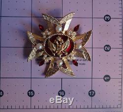 Vtg Russian Maltese Cross Rhinestone Enamel Pearl Crown Eagle Brooch Pin Pendant